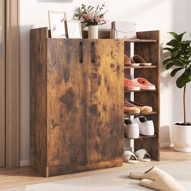 COSTWAY Industrial Brown Shoe Cabinet with 2 Hinged Doors and Internal Shelves