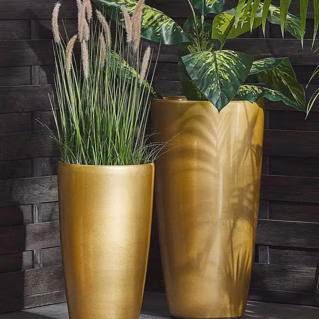 Wyld and Coco Gold Stone Tall Round Ceramic Plant Pot, Height: 40 cm