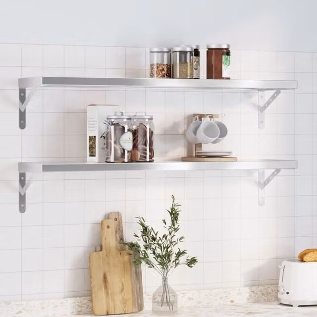 Berkfield Home Wall Mounted Silver Stainless Steel Shelves, 2 Pack, W: 100 cm, D: 23.5 cm, H: 3 cm
