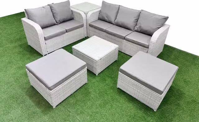 Fimous 7 Seater Grey PE Rattan Wicker Garden Furniture Set with L-Shape Sofa, 3 Seater Sofa, Love Seat, 2 Ottomans and Square Coffee Table