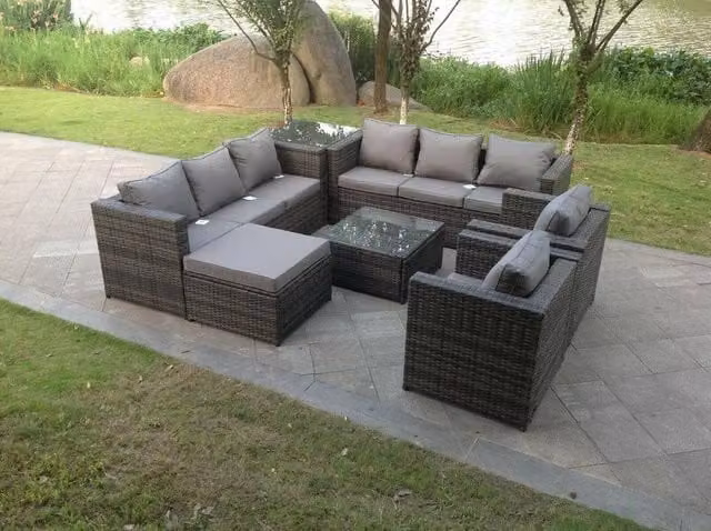 Fimous 9-Seater Rattan Indoor Outdoor Garden Furniture Set in Dark Grey with Coffee Table and Ottoman – 1