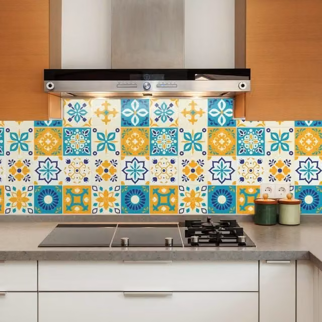 Walplus Adhesive Mediterranean Floral Wall Tile Stickers in Yellow and Blue, 24 Pack, W: 15 cm, H: 15 cm