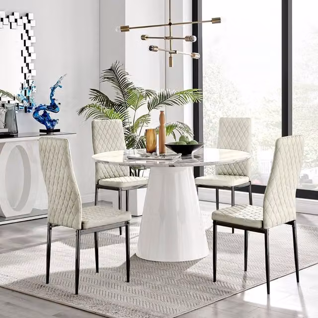FurnitureboxUK Palma Round White Marble Effect Dining Table and 4 Cream Velvet Milan Chairs with Black Legs