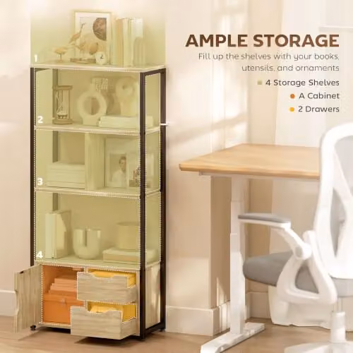 HOMCOM Industrial Bookshelf with 1 Cabinet and 2 Drawers in Brown and Black, W/D/H: 122 x 24 x 58 cm – 3