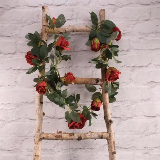 Kingsbury Gifts Red Artificial Silk Rose Garland with Green Foliage