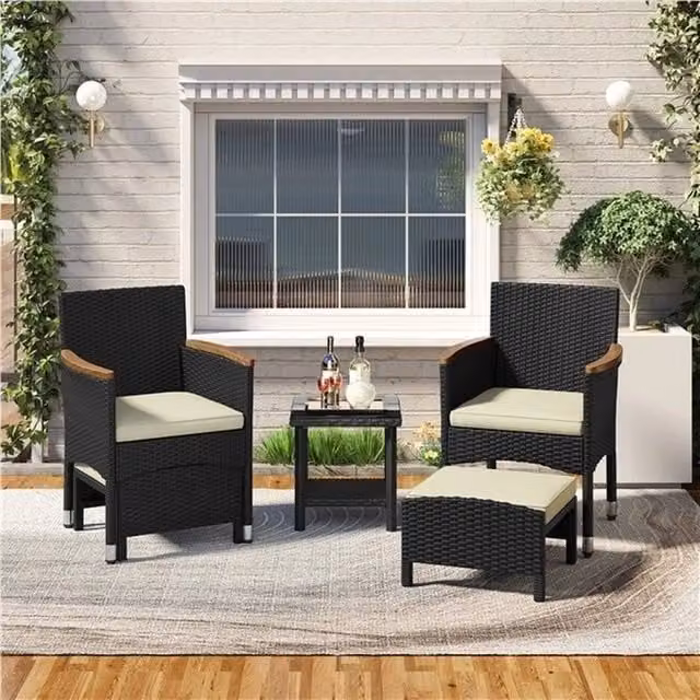 PAWNORA 5-Piece Modern Black Rattan and Acacia Wood Patio Furniture Set – 1