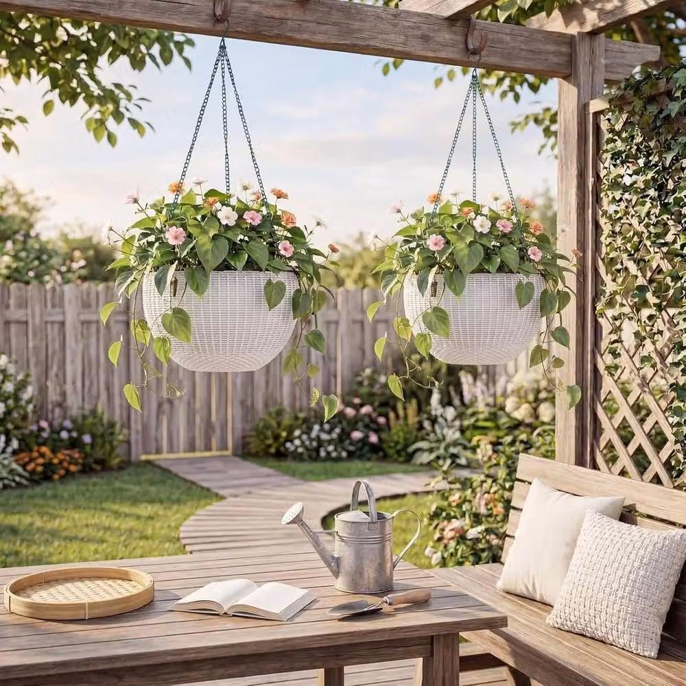VOGREX White Self-Watering Outdoor Rattan Hanging Planter – 3