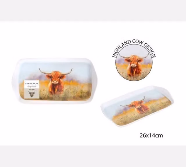 KDMD Highland Cow Melamine Tea Tray Set of 4 in Brown and White with Handles