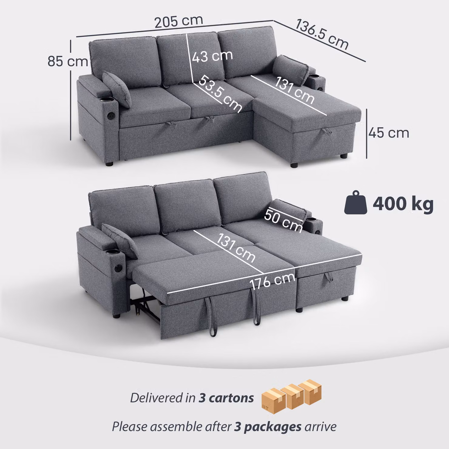 HOMCOM L-Shaped Corner Sofa Bed with Reversible Storage Chaise, USB Charging and Cup Holders, Grey Fabric – 3