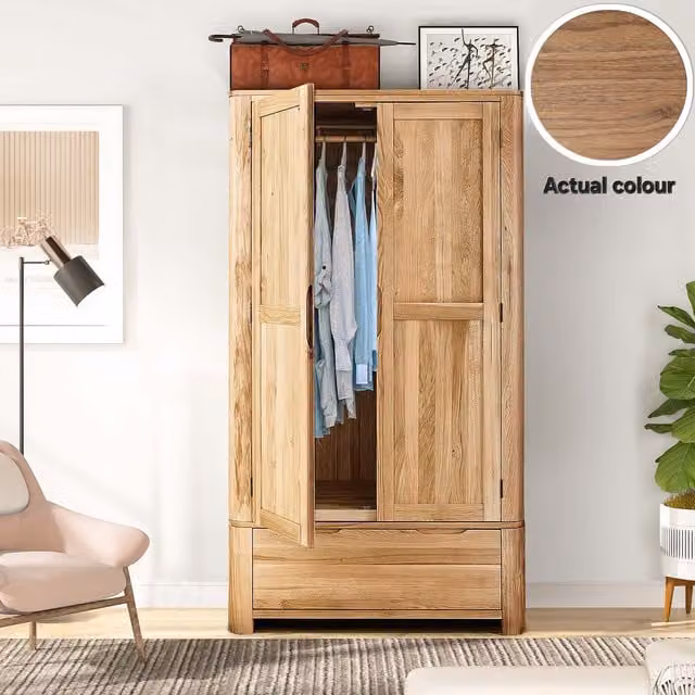 Comfy Living Brown Wood Wardrobe with 2 Drawers and Hinged Doors