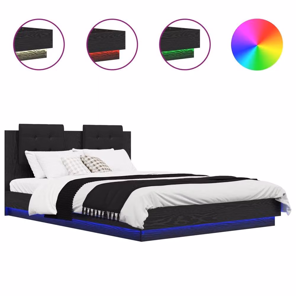 Berkfield Home Modern Black Oak Bed Frame with Headboard and Under-Bed Lighting, W/D/H: 150 x 200 cm, Engineered Wood – 2
