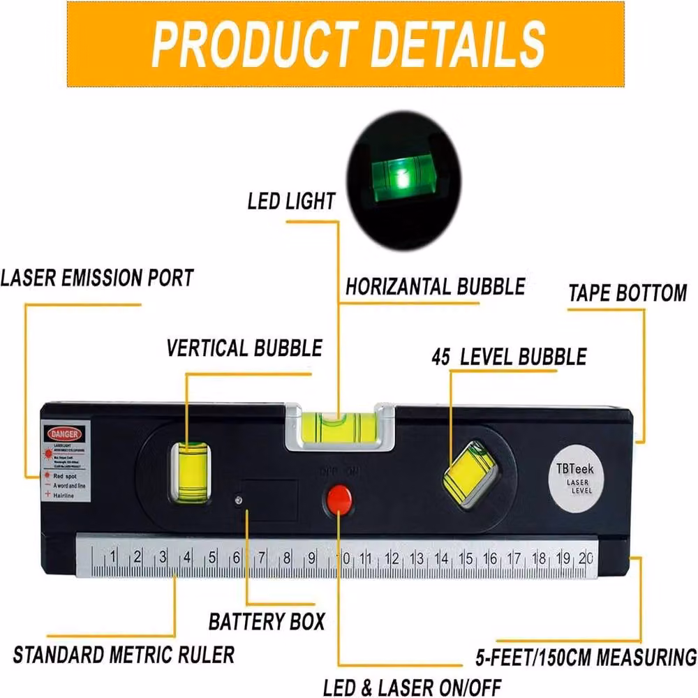 ATEK 3-in-1 Laser Level with Horizontal and Vertical Line Leveler and Measuring Tape in Black – 6