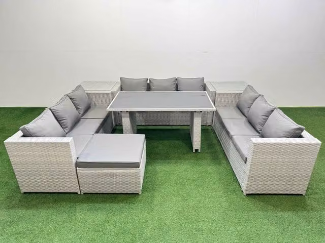 Fimous Outdoor Garden Furniture Set with 2 Side Tables and Large Stool in Light Grey