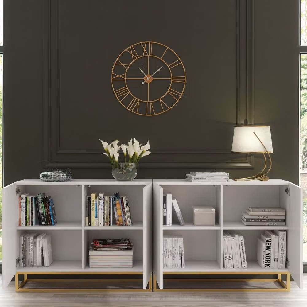 Creative Furniture Ripple Duo Sideboard in White and Gold with Modern Fluted Design and Push to Open Doors W: 200 cm, D: 35 cm, H: 80 cm – 2