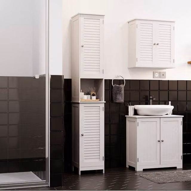 Vida Designs Modern White Freestanding Bathroom Cabinet with Internal Shelves and Open Shelf Doors
