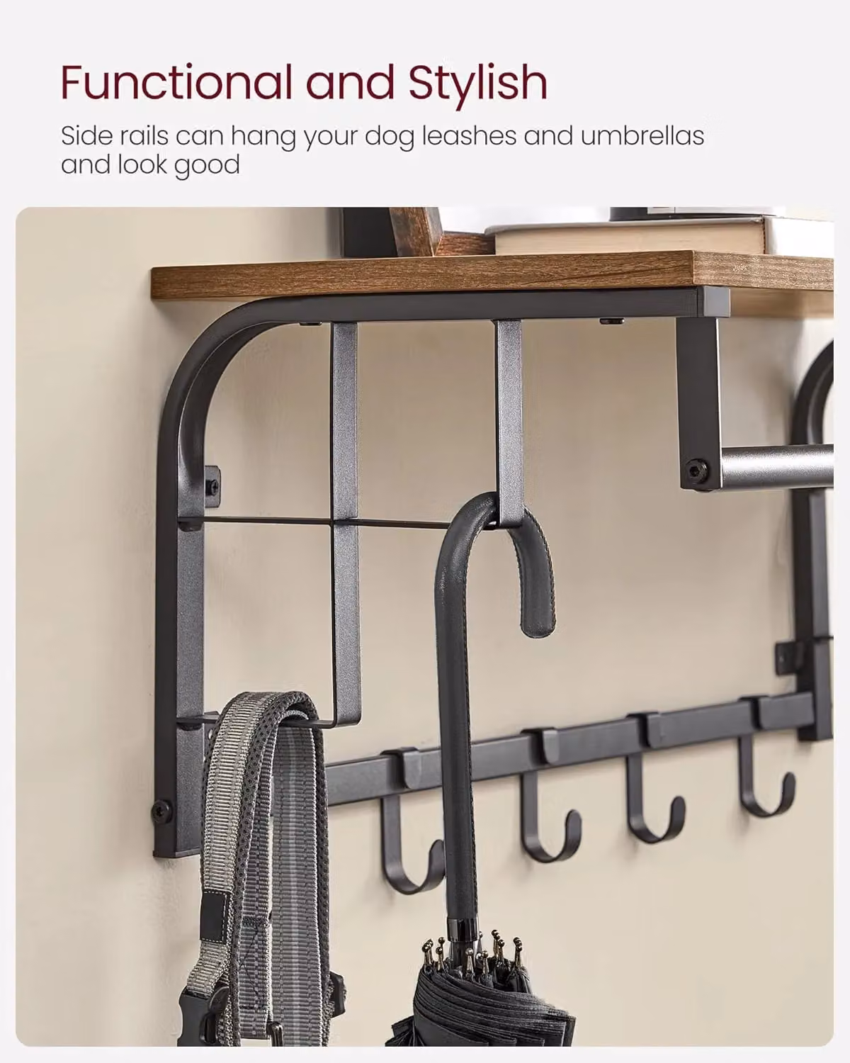 VASAGLE Industrial Wall Mounted Coat Rack with Hanging Rail and 5 Hooks in Brown – 5