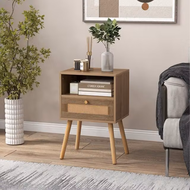 COSTWAY Scandinavian Oak Wood and Rattan Bedside Table in Brown