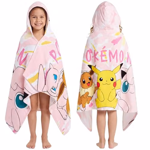 Pokemon Pink Cotton Hooded Bath Towel Poncho for Kids and Teenagers