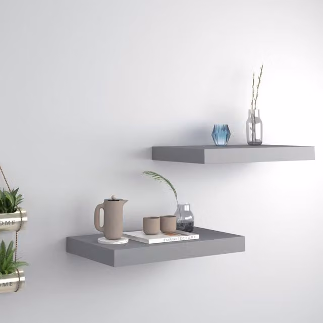 Berkfield Home Floating Wall Shelves, 2 Piece Grey MDF Set, W: 40 cm, D: 23 cm, H: 3.8 cm