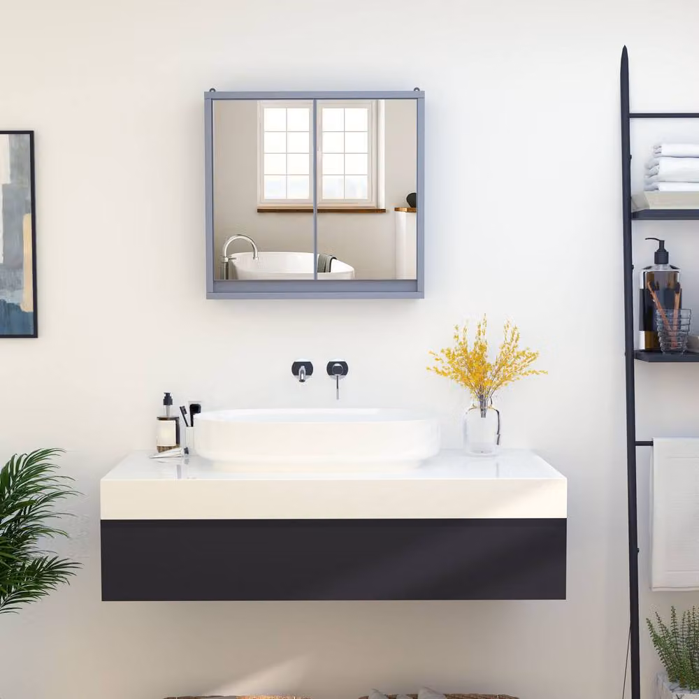STILVORA Modern Wall Mounted Bathroom Mirror Cabinet in Matt Grey with Internal Shelves – 2