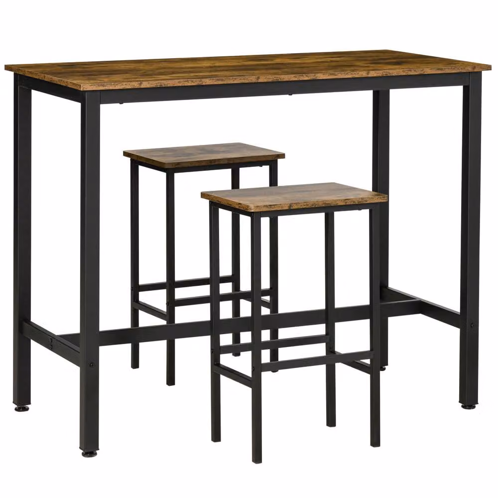 STILVORA Bar Table and Chairs Set with Metal Frame in Brown – 3