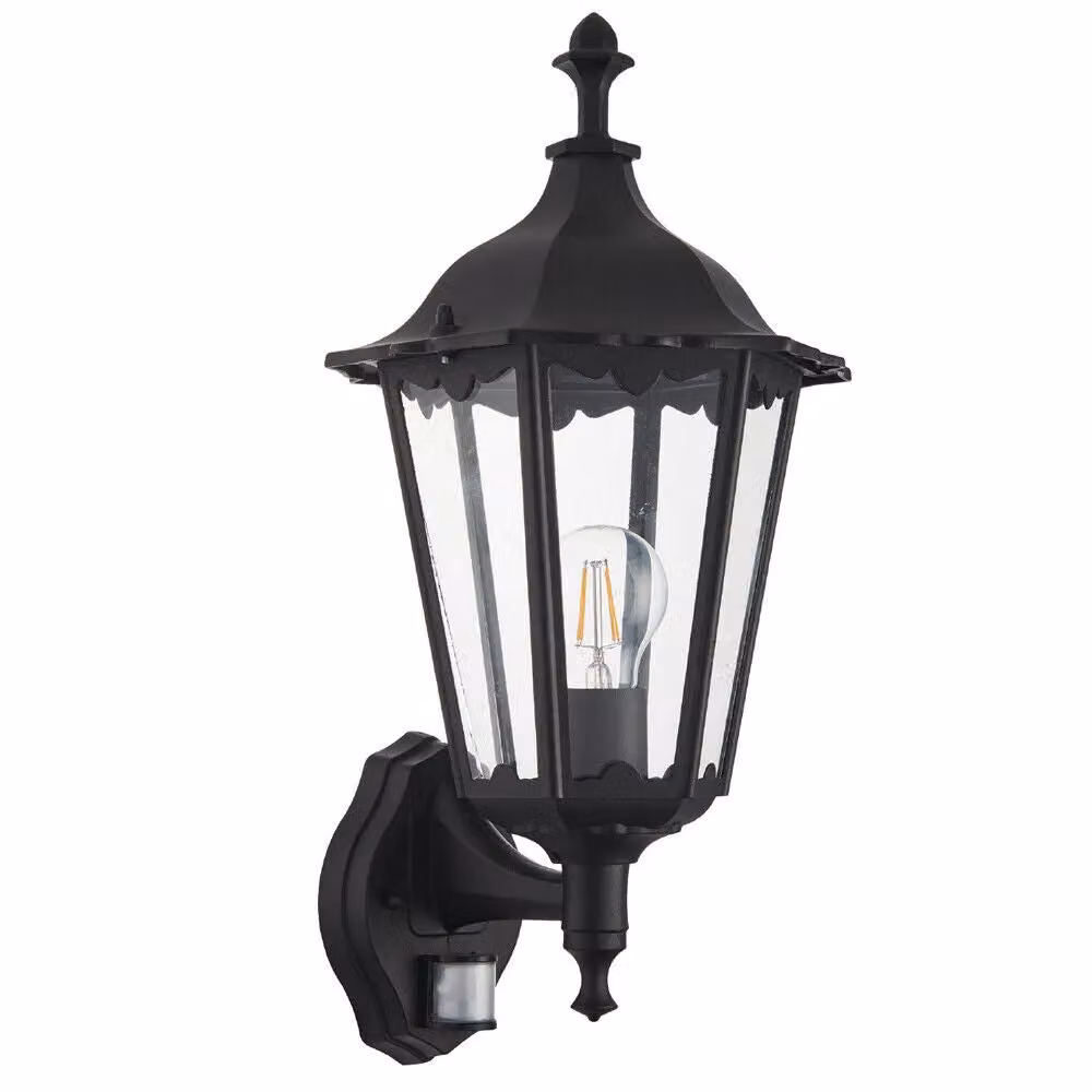 Loops Matt Black and Transparent Glass Traditional Outdoor PIR Wall Lantern with Motion, Dusk, and Timer Sensors, IP44, H 23.5 cm x W 16 cm x D 16 cm – 3