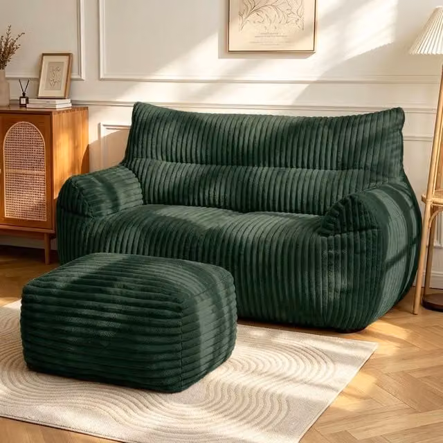 Aosom UK Oversized 2-Seater Corduroy Sofa with Matching Ottoman, Green, W/D/H: 135 x 100 x 75 cm