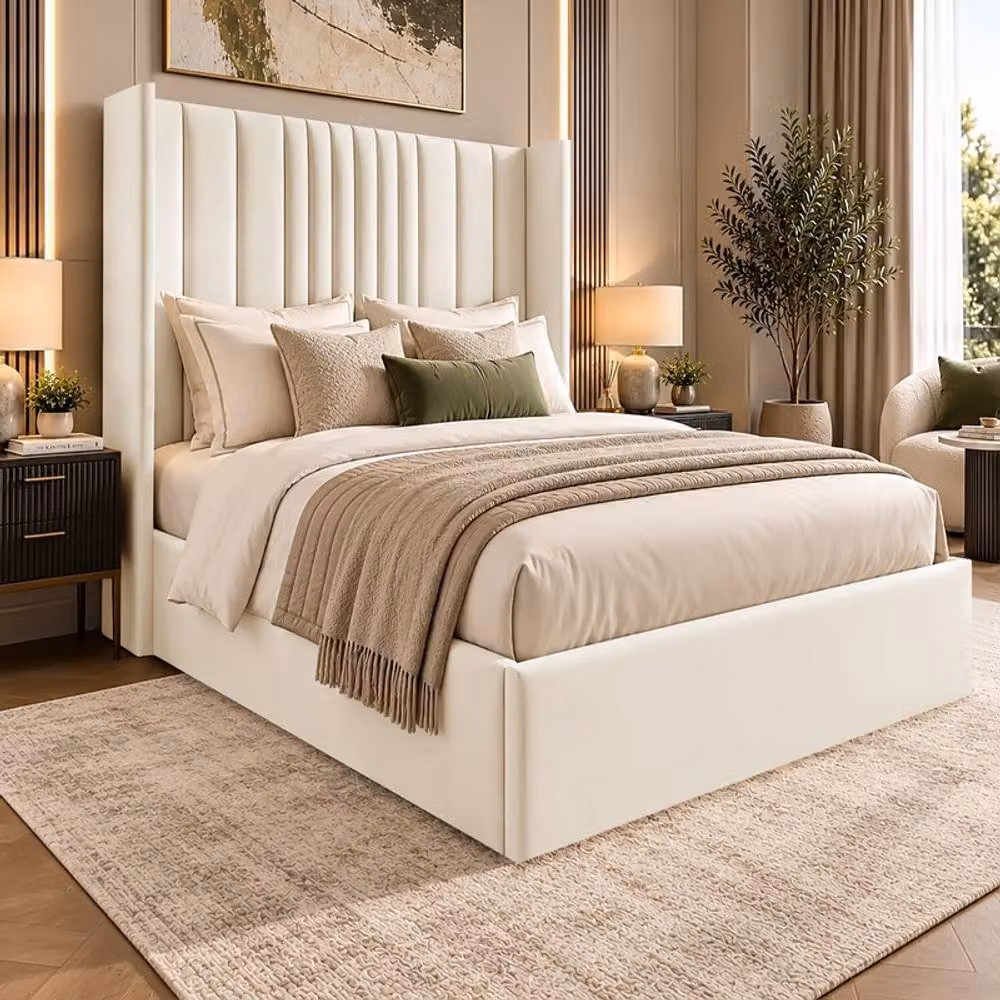Desire Deco Adeline Plush Velvet Wingback Ottoman Storage Bed Frame in Beige, Size: Double (140 x 200 cm) – 1