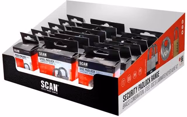 Scan Gold and Multicolour Brass Combination Padlock CDU Display for 18 Padlocks