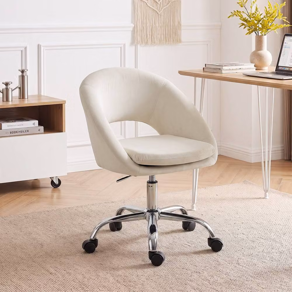 HOMCOM Modern Velvet Task Chair in Beige with Height Adjustment and Swivel Function – 2