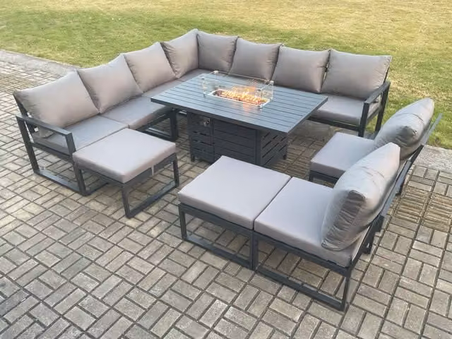 Fimous 11 Seater Aluminium Outdoor Lounge Corner Sofa Set with Gas Fire Pit Dining Table and 2 Footstools in Dark Grey