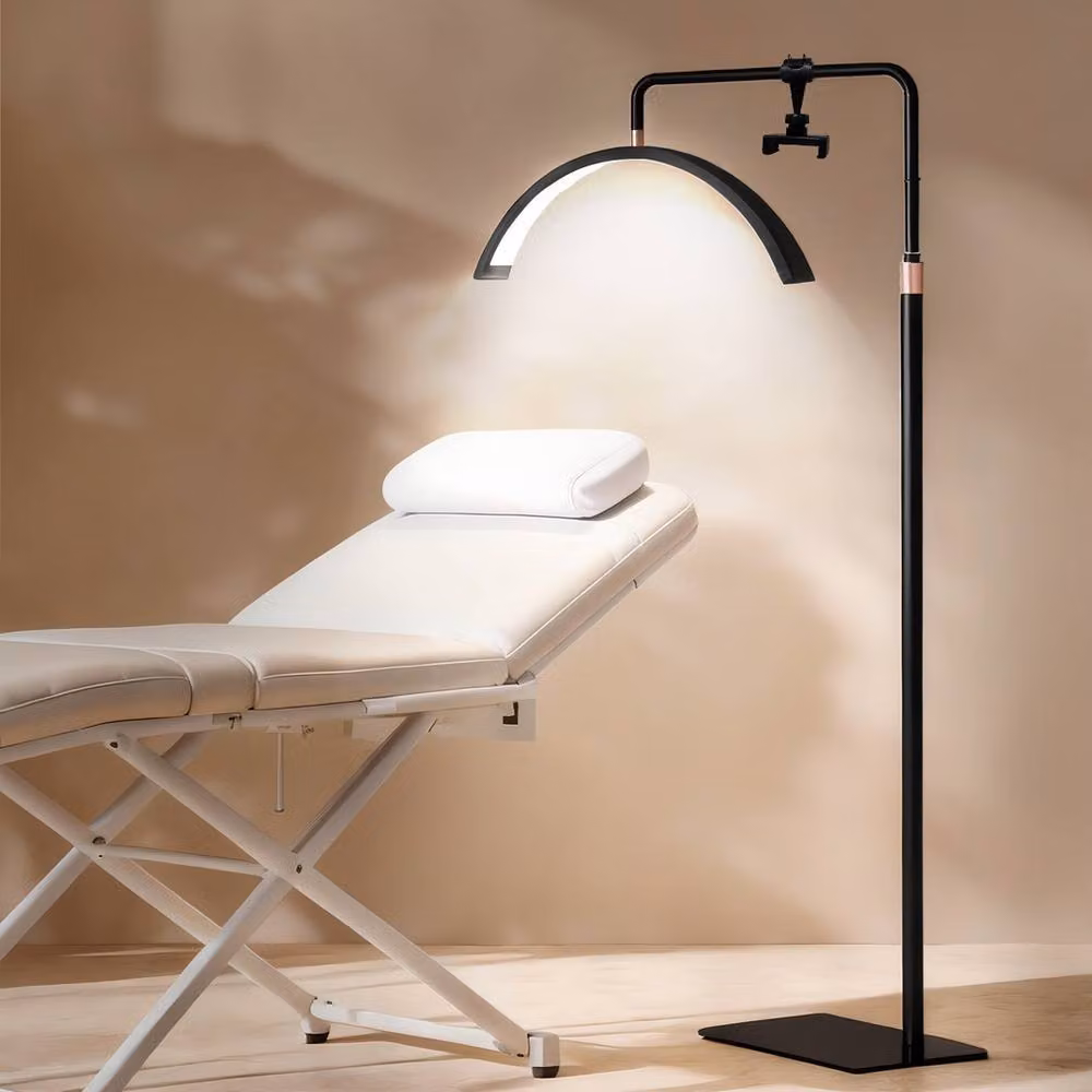 Emitto Black LED Half Moon Floor Lamp with Dimmable CCT, 360 Degree Rotation and Phone Holder for Lash Extensions, Tattoos and Beauty Salons – 2