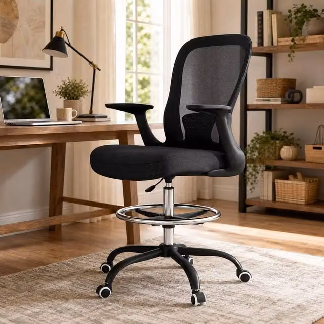 STILVORA Black Fabric Draughtsman Chair with Flip-up Armrests and Foot Ring