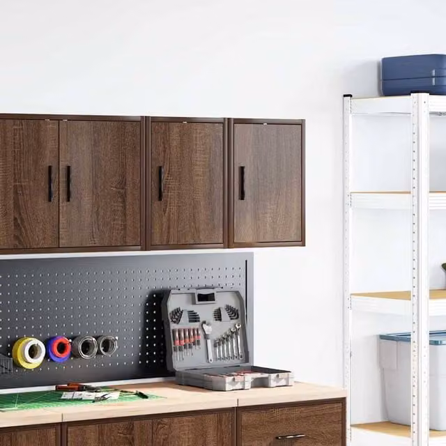 Berkfield Home Durable Wall Mounted Garage Cabinets, 2 Piece Set, Brown Oak – 1