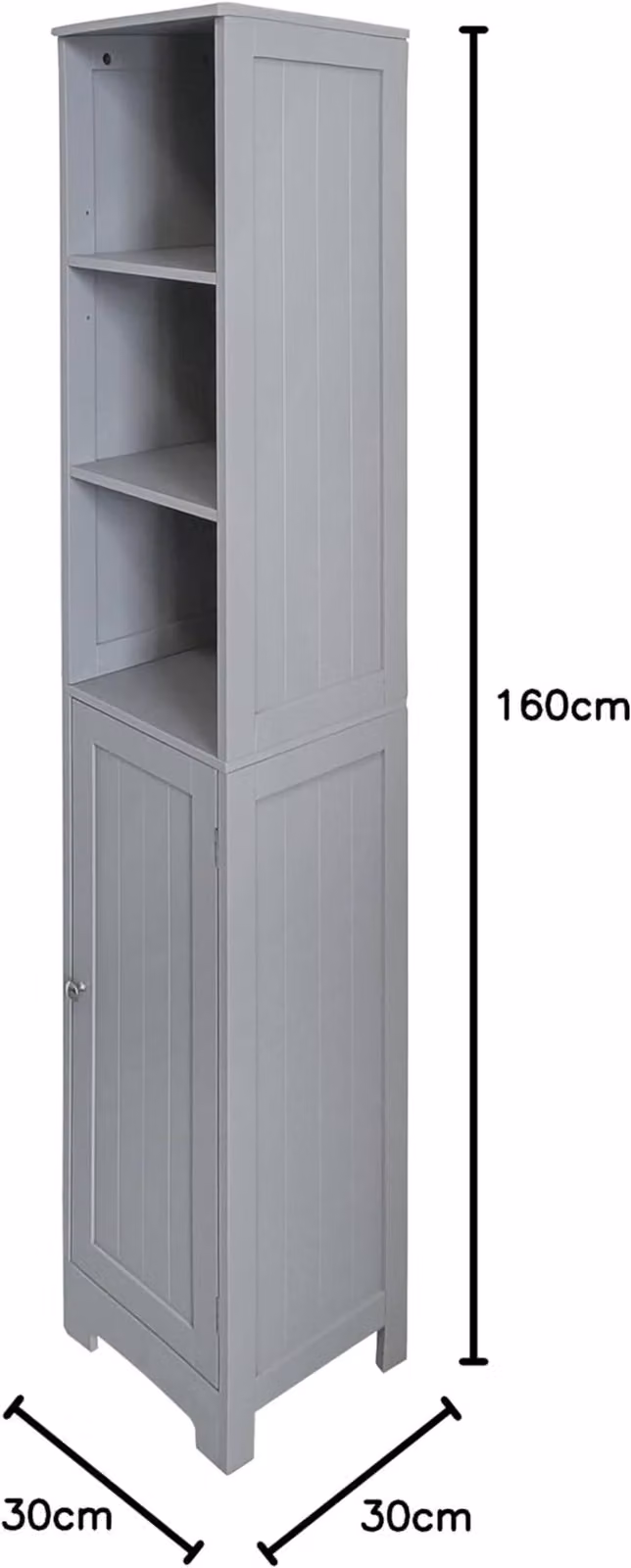 SAXONY Grey Tall Slim Bathroom Storage Cabinet with Door and Shelves, H 160 x W 30 x D 30 cm – 2