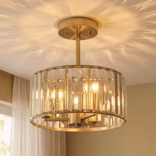 HOMCOM Modern Crystal Semi Flush Mount Ceiling Light in Gold and Transparent – 1