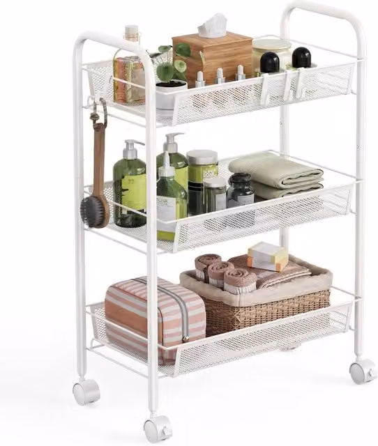 FORGEVIO 3 Tier Metal Rolling Kitchen Storage Trolley in White