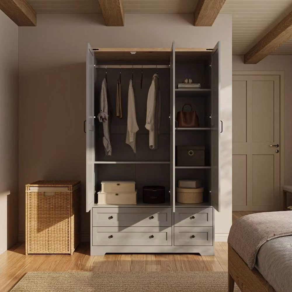 FORGEVIO Grey 3 Door 4 Drawer Panelled Wardrobe with Internal Shelves and Trouser Rack, H 180 x W 108 x D 46 cm – 2