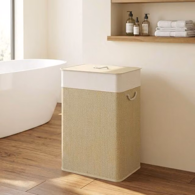 STILVORA 72L Laundry Basket with Lid and Removable Liner in Beige
