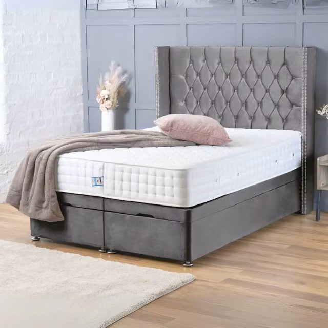 BSSPOKE Olivia Super King Ottoman Divan Bed with 54 inch Headboard and Mattress in Grey Plush Velvet – 1