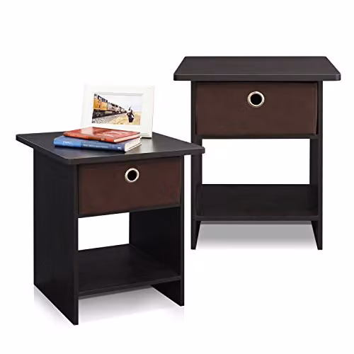 Furinno DARIO Set of 2 Side Tables with Storage Bin and Open Back Shelf, Espresso Brown – 1