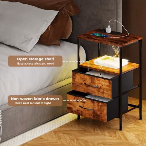 Levede Industrial Bedside Table in Brown with LED Lights, Charging Station, and 2 Fabric Storage Drawers, W/D/H: 30 x 40 x 60 cm – 6