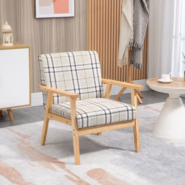 HOMCOM Modern Fabric Accent Chair with Armrests and Solid Wood Frame in Beige