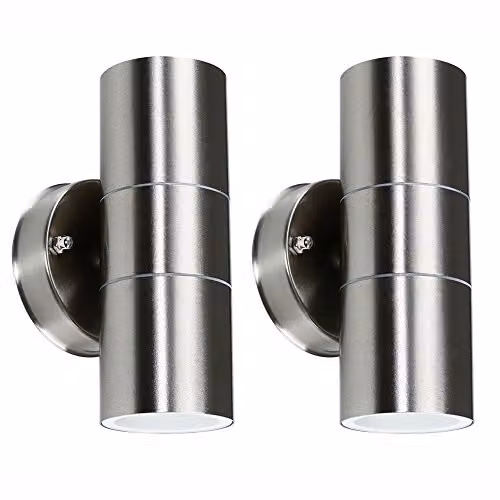 MiniSun Set of 2 Modern Brushed Chrome Up/Down Outdoor Wall Lights with 5W Warm White LED Bulbs – 1