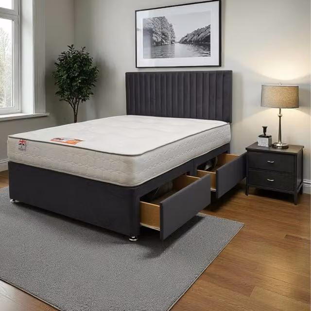 Knight Sleep Emily Plush Bed Set with Mattress and 24 inch Headboard in Charcoal Grey, W/D/H: 140 x 200 cm
