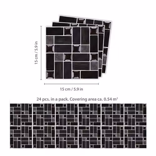 WALPLUS Black Glossy Self Adhesive Mosaic Tile Transfers for Kitchen and Bathroom, W/D/H: 15 x 15 x 0.1 cm – 6