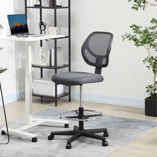 Vinsetto Modern Drafting Chair for Home Office in Grey Fabric with Foot Ring and Castors