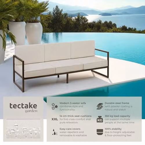 tectake 3 Seater Garden Sofa in Beige with Powder Coated Steel Frame and Removable Outdoor Fabric Cushions – 2