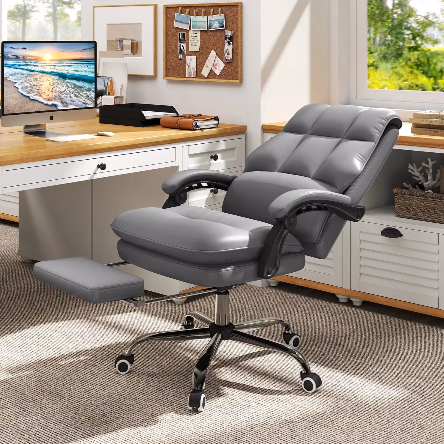 Costway Ergonomic Grey PU Leather Office Chair with Swivel Seat and Headrest – 8