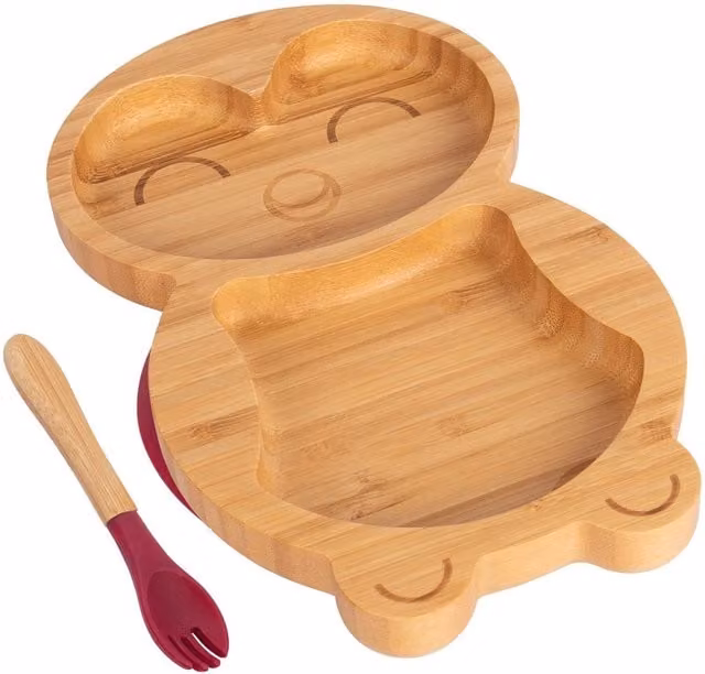 Tiny Dining Bamboo Divided Toddler Weaning Plate and Fork Set, Penguin Design, Red and Brown